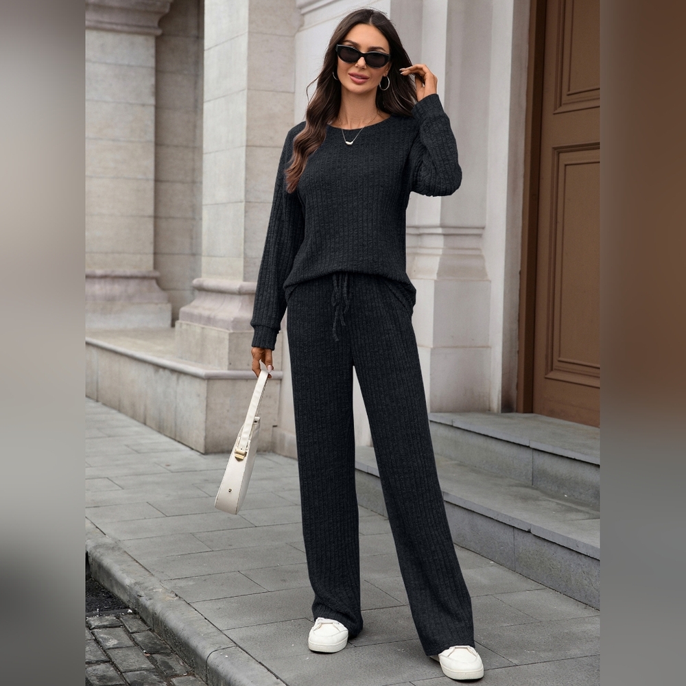 Women's Full Size Black Ribbed Knit Wide Leg Pants & Top Set